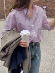 DAZY Women's Casual Dropped Shoulder Loose Patchwork Pocket Shirt Long Sleeve Top