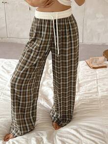 DAZY 宽松拼布格子印花抽绳裤家居服 - 卡其色 - 查看 5