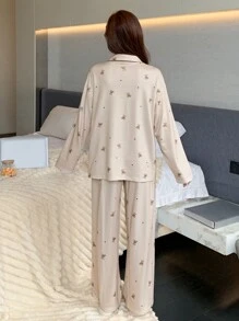 DAZY Women's Cute Bear Printed Lapel Collar Contrast Binding Long Sleeve Shirt And Pants Pajama Set