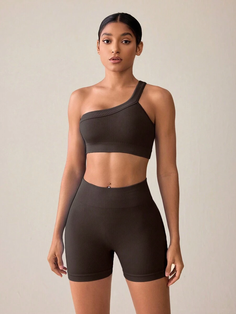 SHEIN Sports Bộ đồ tập thể thao mùa hè cho nữ, áo không tay cổ bẻ màu trơn không đường may và quần short - Cà phê nâu - Xem 1