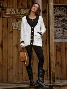 SHEIN LUNE Women's Casual V-Neck Loose Contrast Color Pockets Knitted Cardigan, Autumn/Winter Fall Cloth For Women - Beige - View 6