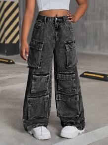 SHEIN Tween Girls' Y2K Fashion Stonewashed Multi-Pocket Distressed Cargo Jeans Baggy Wide Leg Pants, Tween Girl Fall Clothes Back To School Outfits