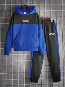 SHEIN 2pcs Tween Boy Casual Comfortable Hoodie Sweatshirt And Contrast Color Pants Set, Autumn/Winter - Blue - View 4
