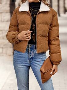 EMERY ROSE Women's Casual Thermal Lined Zip-Up Contrast Fur Collar Padded Coat, Autumn Winter - Khaki - View 4