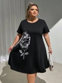 SHEIN CURVE+ Plus Size Women Casual Floral And Skull Printed Short Sleeve Dress For Halloween, Summer - Black - View 5