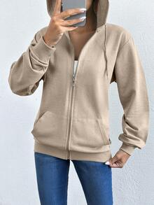 RueChic Women Solid Color Long Sleeve Zip-Up Drawstring Hooded Casual Sweatshirt, Fall - Apricot - View 4