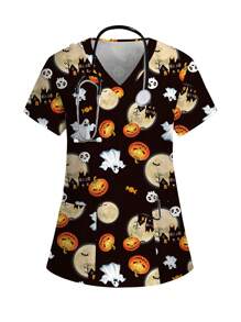 PopScrub Pflegekittel-Oberteil, Halloween Cartoon Geister Muster