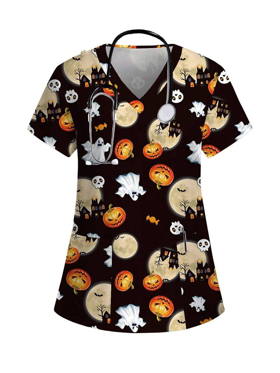 PopScrub Pflegekittel-Oberteil, Halloween Cartoon Geister Muster