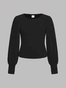 SHEIN Girlism Tween Girls' Casual Ribbed Crew Neck Puff Sleeve Long Sleeve T-Shirt Multi-Piece Set