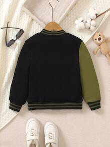 SHEIN 男童英文刺绣撞色棒球夹克，适合学校、校园、学院等场合，秋冬季时尚百搭。 - 軍綠色 - 查看 2