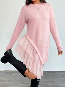 Chiquease Autumn Women Casual Crew Neck Ruffled Trim Net Yarn Mid-Length Sweater, Knit Pullover Fall Winter - Pink - View 4