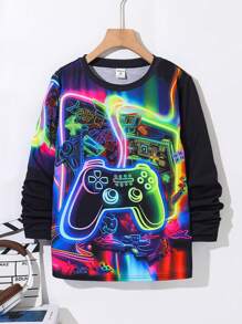 SHEIN Tween Boy 夜光彩色游戏手柄印花长袖 T 恤，适合秋春季户外玩耍、学校、街头摄影、派对和休闲穿着，性价比高