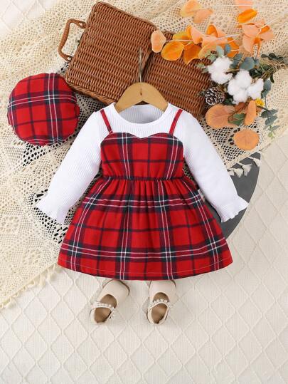 SHEIN 2 件套女婴可爱优雅时尚校园返校休闲连衣裙（带帽子），秋冬