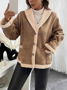 Chiquease Vintage braune wildlederartige kunstfell Jacke für Damen, Dick warmer Umlegekragen Kontrast-Farbe Fellbomber Mantel, Herbst/Winter