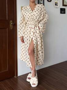 DAZY Áo choàng thắt eo in hình trái tim dáng rộng cho nữ - Cà phê nâu - Xem 3