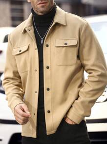 Manfinity CasualCool 秋冬季男士纯色实用口袋长袖单排扣休闲夹克 - 卡其色 - 查看 5