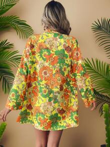 Travachic 3pcs Set: Floral Print Long Sleeve Jacket, Spaghetti Strap Camisole Top And Shorts, Casual Vacation Wear