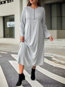SHEIN LUNE Long Sleeve Button Decorated Empire Waist A-Line Dress, Plus Size - Grey - View 2