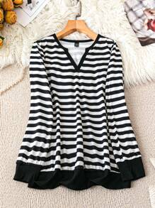 Franclia Black & White Minimalist Stripe Splice Notched Neck Long Sleeve Sweatshirt Pullover Fall Sweatshirt - Black and White - View 1