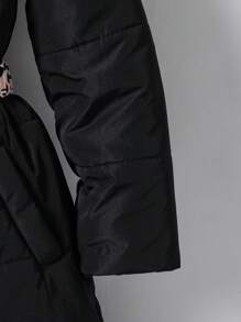 Tween Girl Fluffy Patchwork Hooded Zip Up Padded Coat - Black - View 7