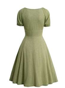 INAWLY Vestido de verano de mujer con cuello cuadrado, mangas abullonadas, plisado y vuelo en el bajo, unicolor