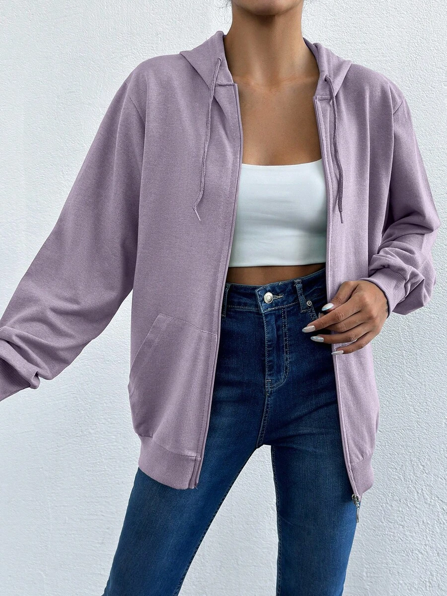 Women's Plain Long Sleeve Zip-Front Drawstring Hooded Sweatshirt, Autumn - Lilac Purple - View 1
