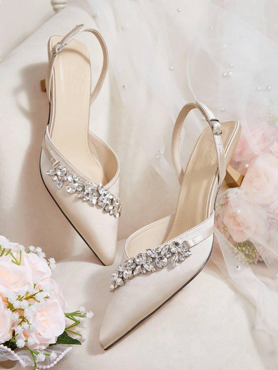 CUCCOO HITCHD Women's Spring & Summer New V-Cut Large Gem-Studded Chain Link Mid-Heels, Light Pink Realistic Flower Bow Accent, White Crystals, Sheer PVC Inset Satin Patchwork, Champagne Nude Stilettos For Party, Wedding Events Spring Shoes Spring Break Easter Prom Heels For Christmas - Apricot - View 1