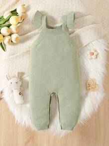 Baby Girls Knit , Spring/Fall Cartoon Jacquard Long Jumpsuit With Rabbit Ears And Cap Sleeve, Adorable Soft Pink Romper - Green - View 2
