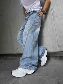 Manfinity Hypemode Jeans décontractés en denim lavé ample pour hommes, jeans bleus amples lavés unis. Idéal pour le mari, cadeau pour le petit ami