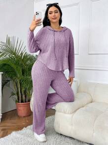 SHEIN EZwear 2 件/套大码女式休闲连帽运动衫和喇叭裤 - 紫丁香色 - 查看 6