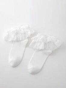 ROMWE Kawaii Damen Socken in Unifarbe mit Spitzen-Rüschen bis zur Mitte des Waden