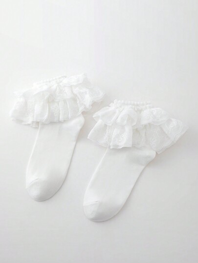 Kawaii Women's Solid Color Lace Ruffle Mid-Calf Socks