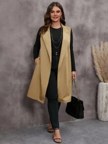 EMERY ROSE Plus Size Women's Solid Color Patch Pocket Casual Loose Blazer Jacket Winter Fall Autumn - Khaki - View 3