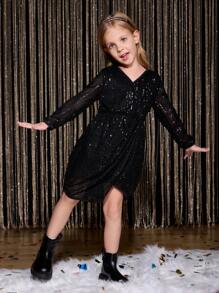 Young Girl Sequined V-Neck Waisted Asymmetrical Hem A-Line Short Dress, Black, Fashion Holiday Party Christmas, New Arrival For Fall & Winter - Black - View 4