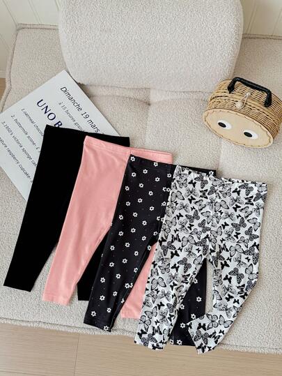 SHEIN LMoss Kids LMoss 女婴 4 件套 女婴舒适贴身休闲弹力针织卡通印花松紧腰裤套装