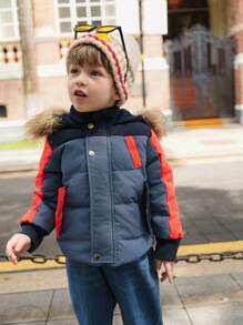 SHEIN Young Boy Hooded Patchwork Long Sleeve Casual Padded Coat