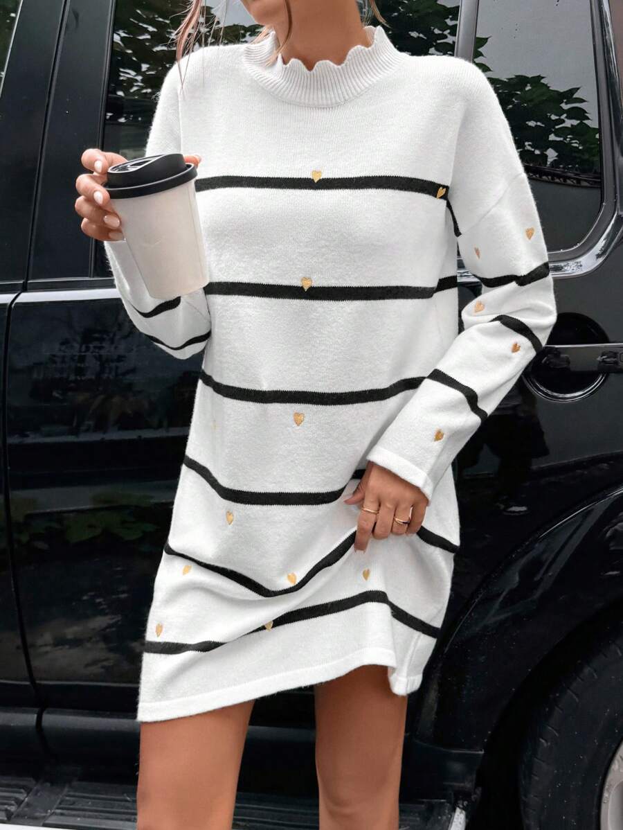 SHEIN ChicEase Vestido de suéter tejido con bloqueo de color, rayas y bordado de corazón, informal, para primavera/otoño - Blanco - Ver 1