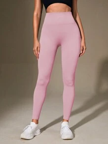 SHEIN Sports 纯色紧身瑜伽紧身裤 - 粉色 - 查看 6
