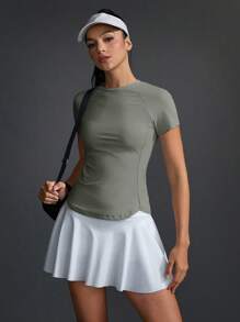 Exploreva 女士纯色圆领插肩短袖休闲健身运动 T 恤 - 灰色 - 查看 1