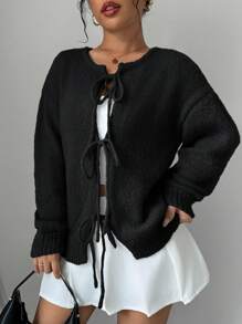 Chiquease Long Sleeve Cardigan With Tie Front Design - Black - View 4