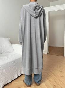 SHEIN EZwear 女士秋季休闲纯色前扣连帽长夹克 - 灰色 - 查看 2