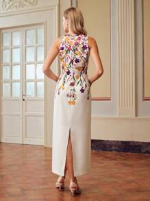 ZEYLAH FLORAL PRINT SPLIT BACK SLEEVELESS LONG DRESS WITHOUT BELT - White - View 7