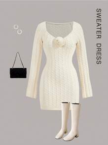 SHEIN Unity 女士纯色 3D 花朵装饰插肩袖长袖优雅毛衣连衣裙，秋冬 - 米色 - 查看 3