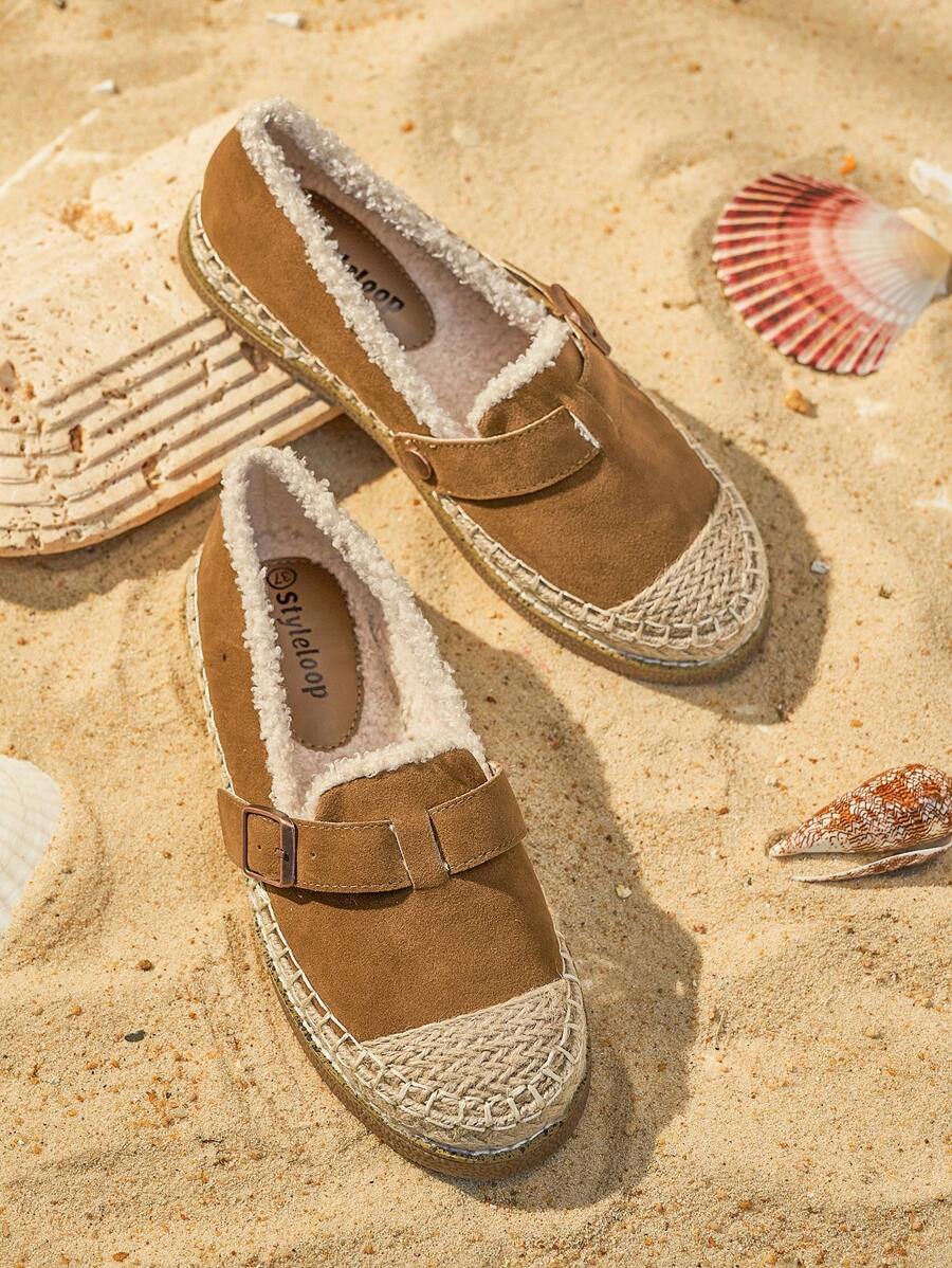 Styleloop Women Brown Loafers Flat Slip-On Shoes With Buckle Accent, Rounded Toe, Thermal Lined For Casual Wear