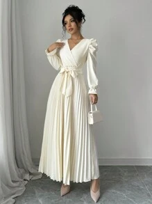 Rafferiza Đầm dài xếp ly tay lỡ cổ chữ V buộc dây màu trơn cho nữ, trang phục maxi thu cho nữ - Màu be - Xem 3