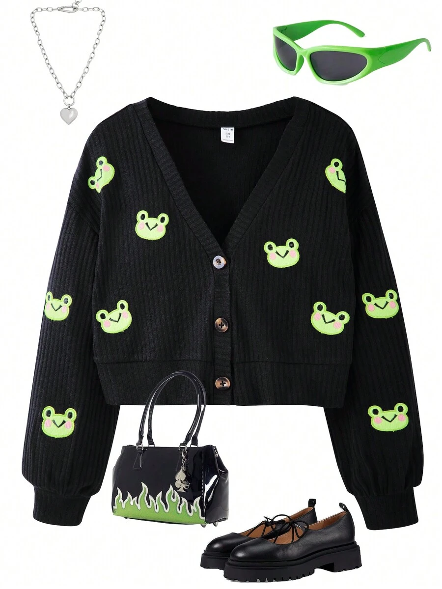 SHEIN 1件少女可爱青蛙图案黑色休闲衬衫式外套 - 黑色 - 查看 1