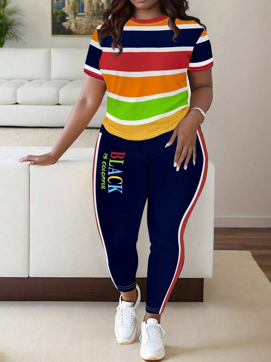 Maweii 大码时尚彩色条纹印花两件套 - 彩色 - 查看 1