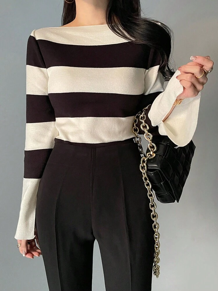 DAZY Women's Striped Flared Sleeve Fitted Sweater, Black & White, Spring/Autumn,Fall Women Clothes - Black and White - View 5
