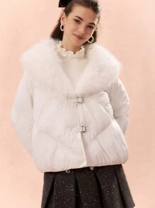 Enchnt 女士冬季人造毛皮拼布纽扣长袖夹棉大衣 - 淺粉色 - 查看 7