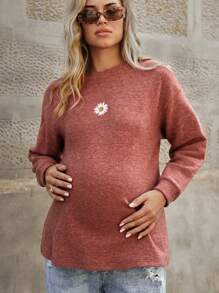 SHEIN Maternity Daisy Floral Round Neck Drop Shoulder Long Sleeve Casual T-Shirt For Spring Autumn